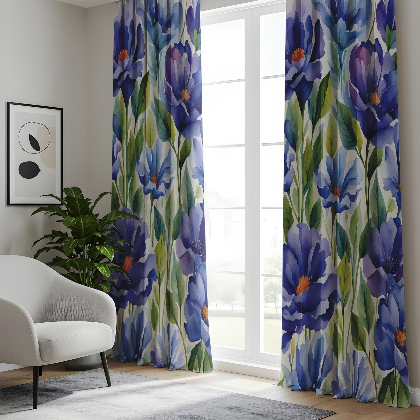 Blue Violet Floral Living Room Curtains, Watercolor Peony Inspired Drapes