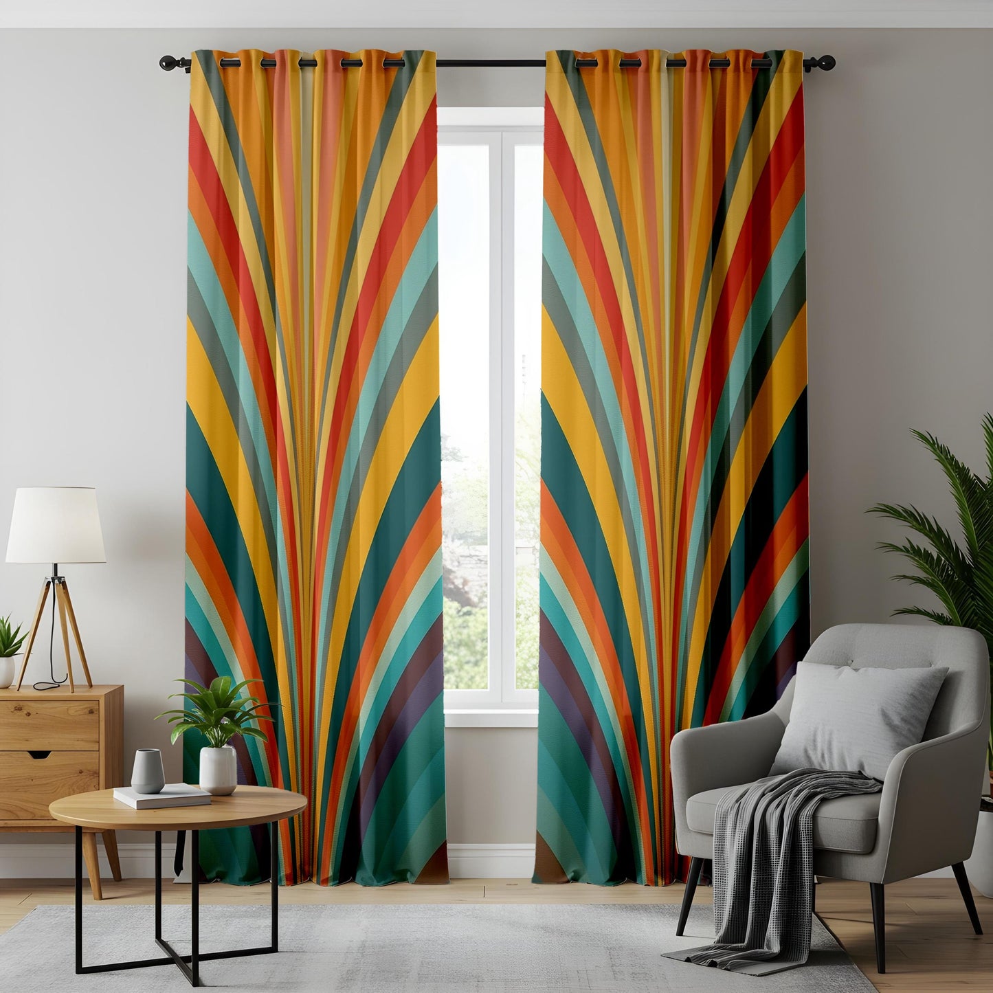 Onay Retro Sunburst Curtains – 70s Rainbow Stripe Drapes