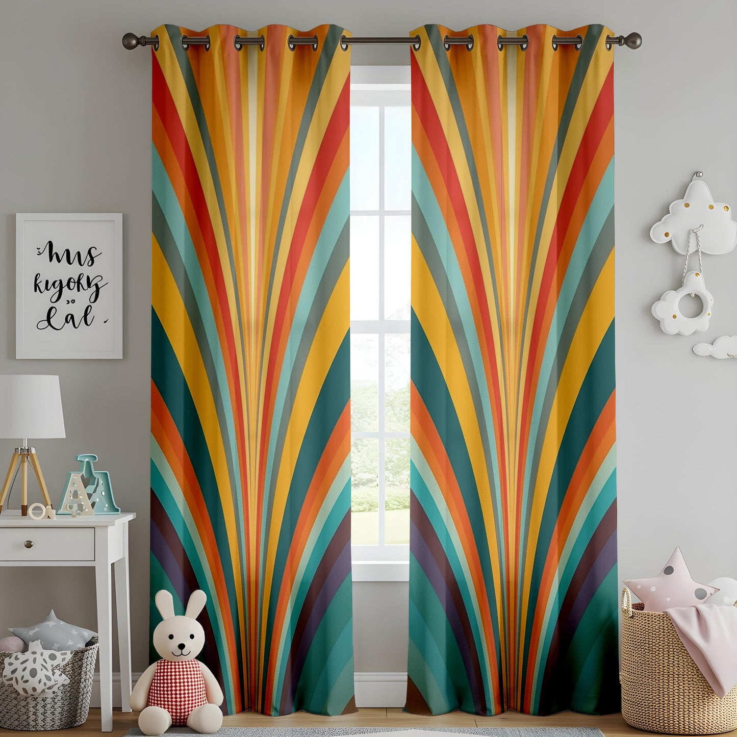 Onay Retro Sunburst Curtains – 70s Rainbow Stripe Drapes