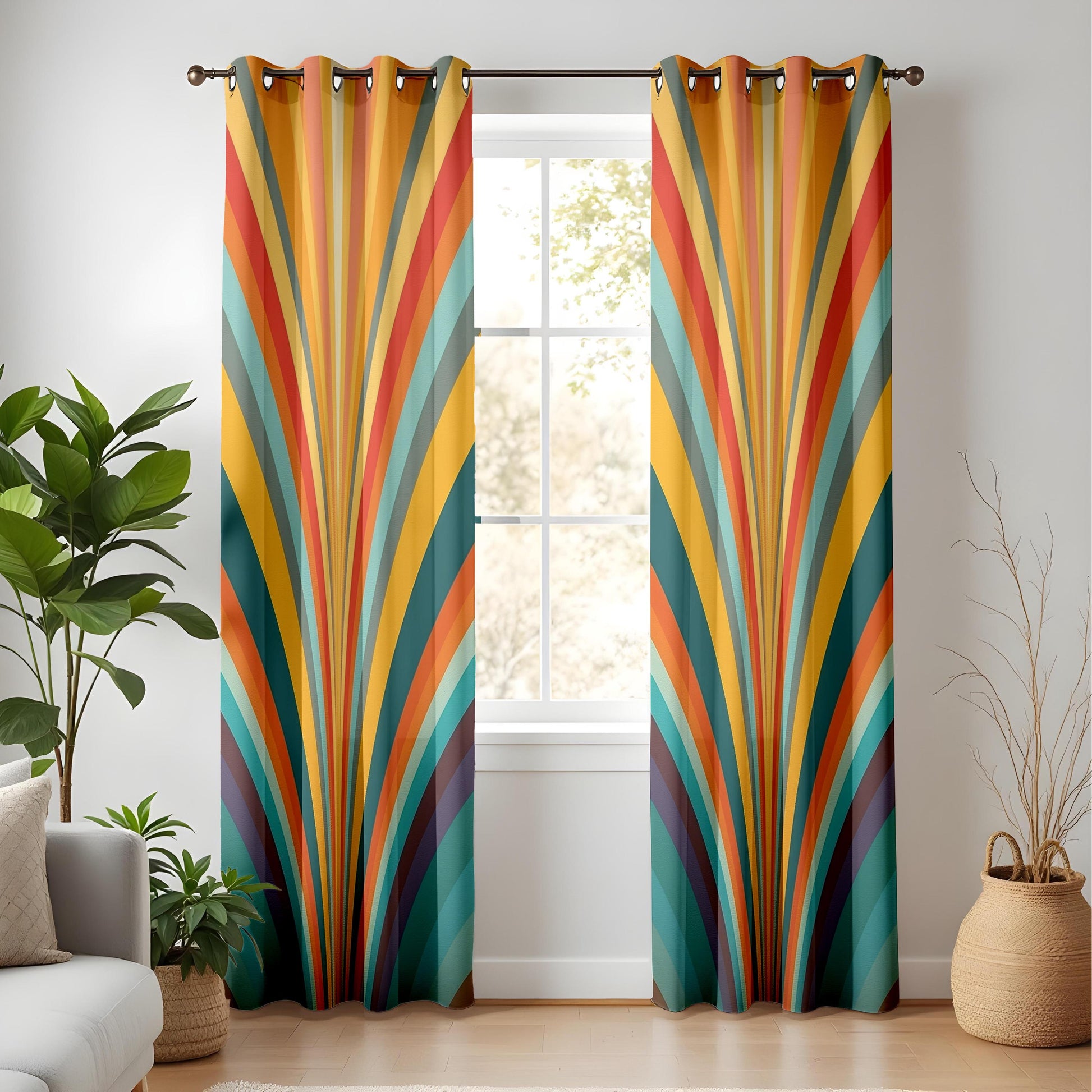 Onay Retro Sunburst Curtains – 70s Rainbow Stripe Drapes