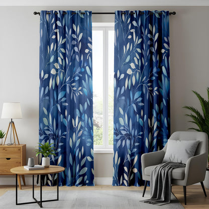 Blue Botanical Living Room Curtains, Indigo Leaf Print Drapes