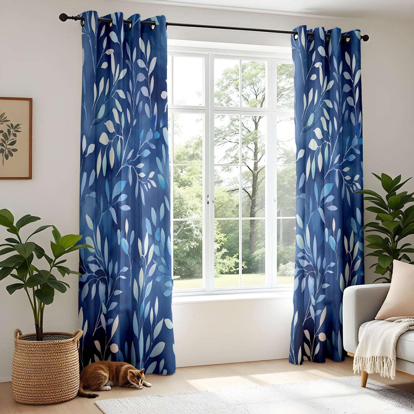 Blue Botanical Living Room Curtains, Indigo Leaf Print Drapes