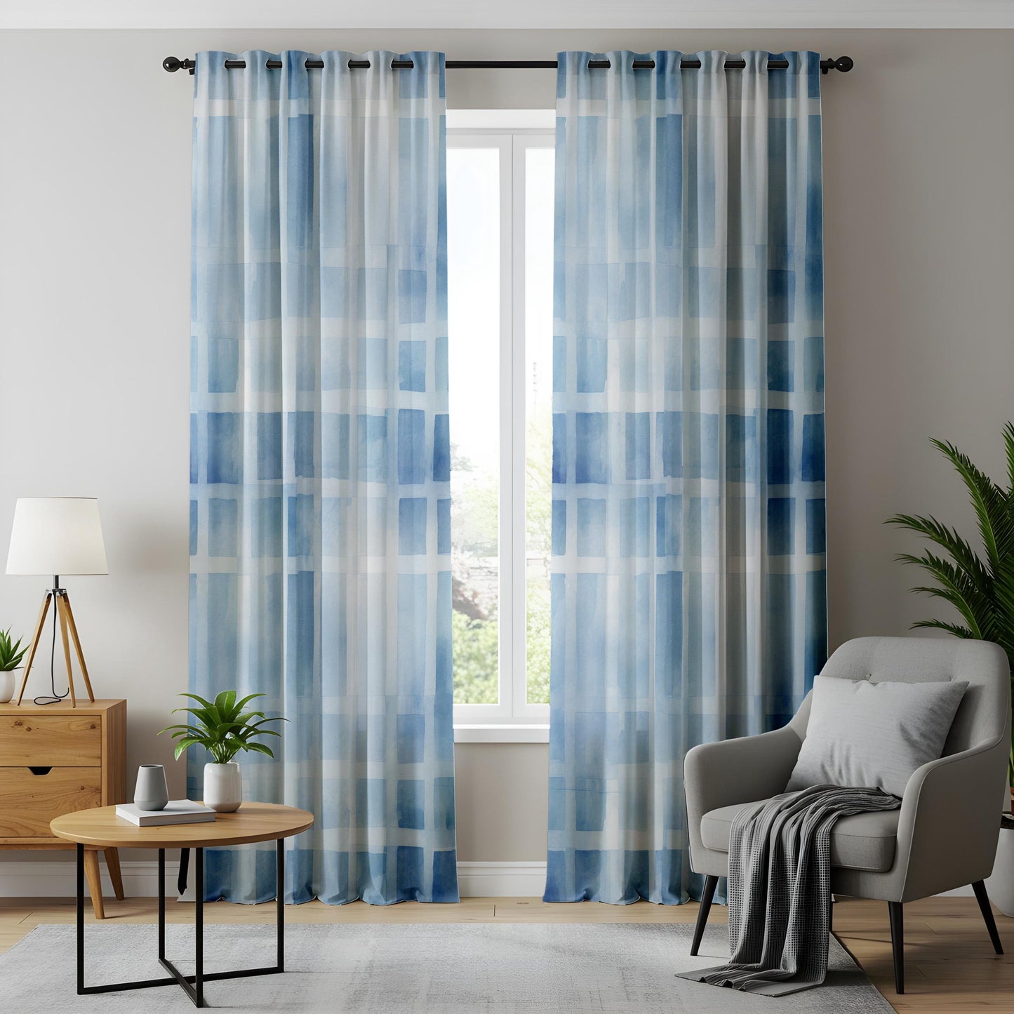 Modern Blue Grid Living Room Curtains, Watercolor Plaid Style Window Drapes