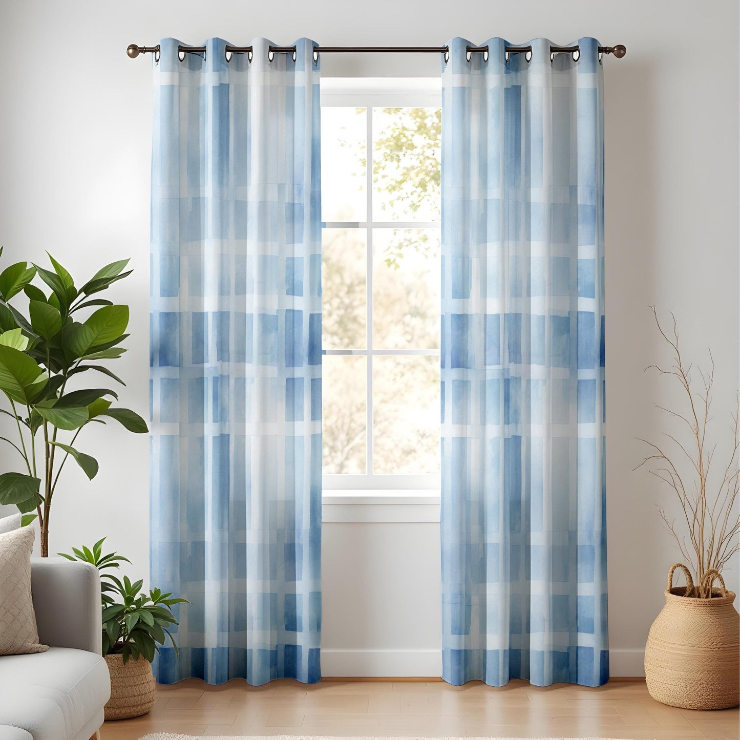 Modern Blue Grid Living Room Curtains, Watercolor Plaid Style Window Drapes