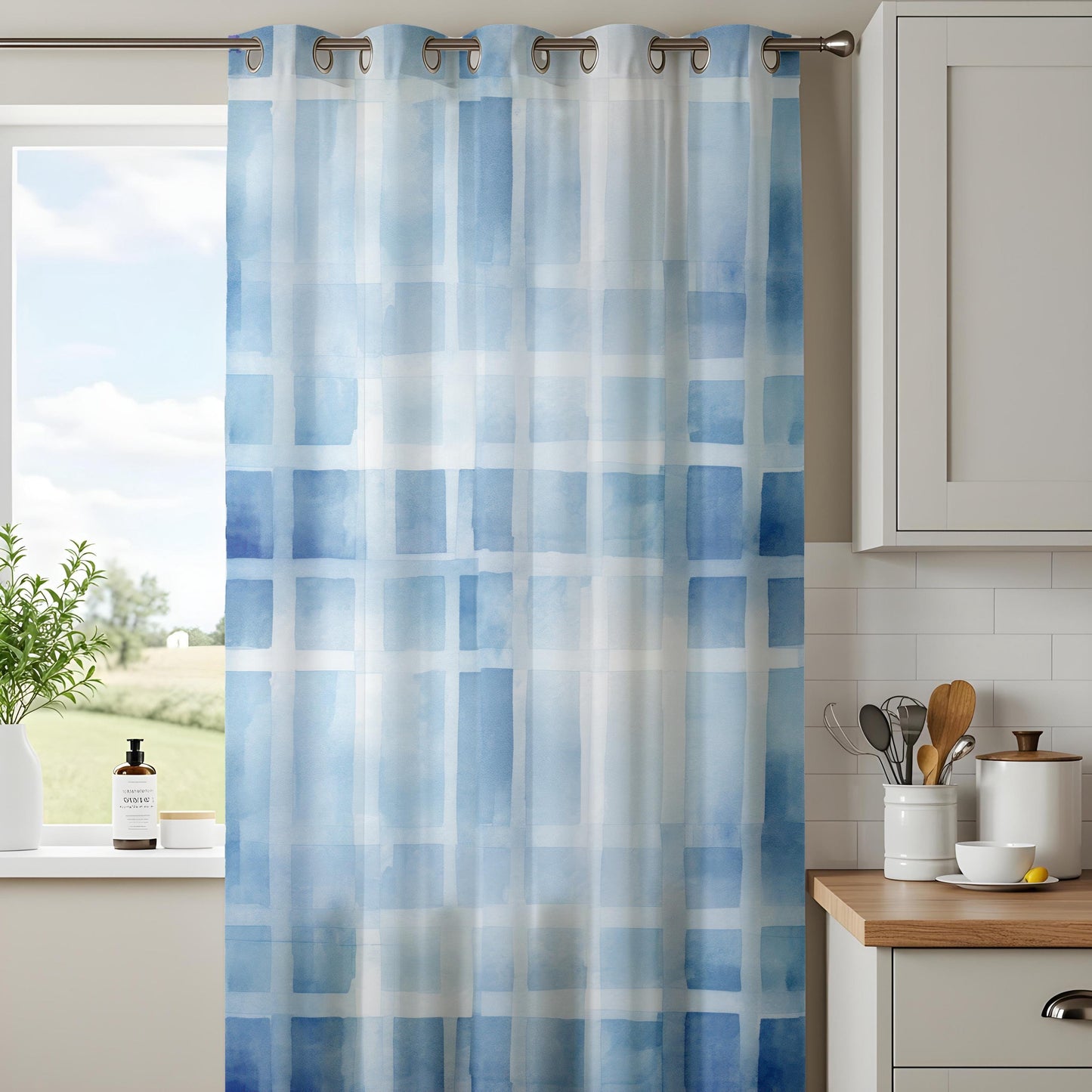 Modern Blue Grid Living Room Curtains, Watercolor Plaid Style Window Drapes