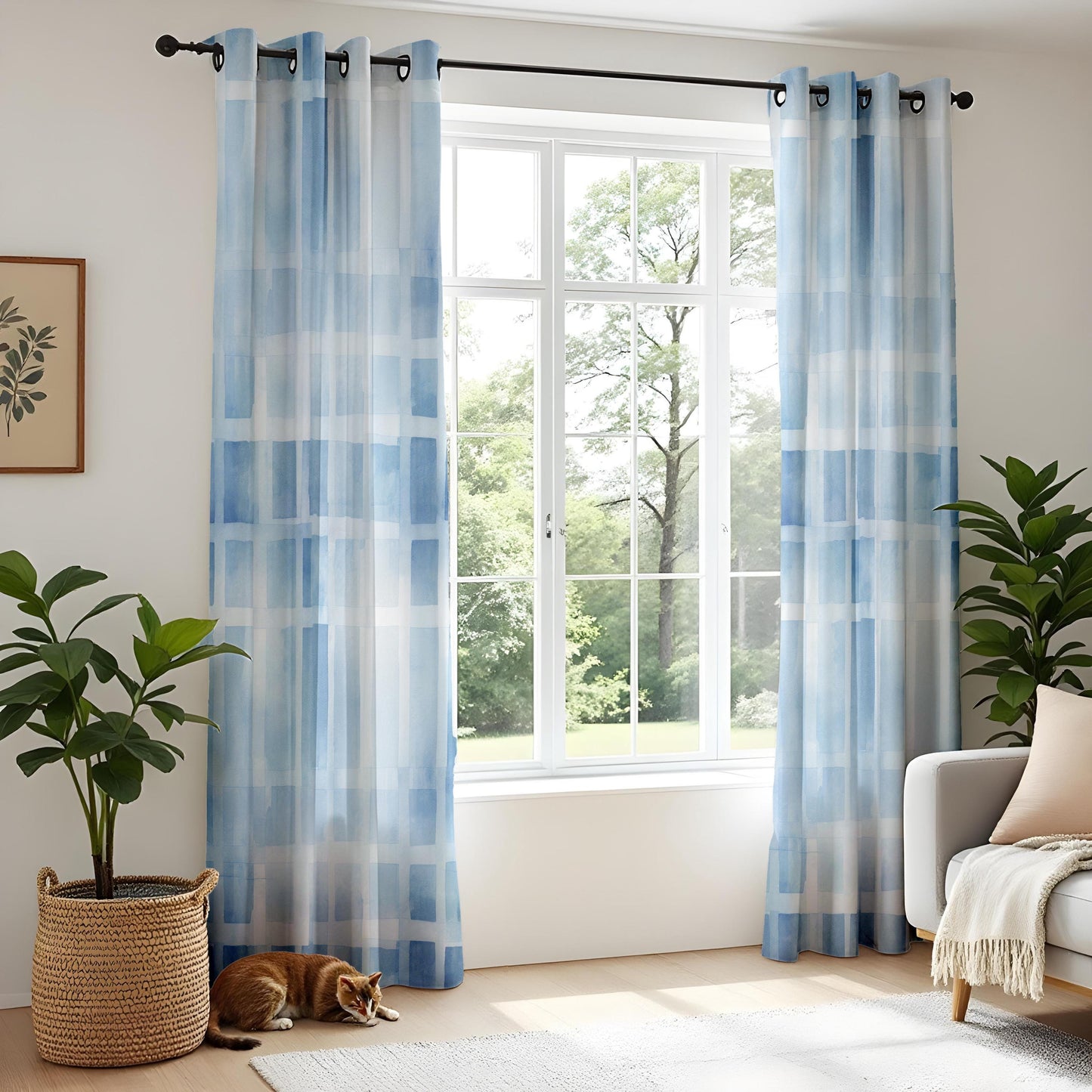 Modern Blue Grid Living Room Curtains, Watercolor Plaid Style Window Drapes
