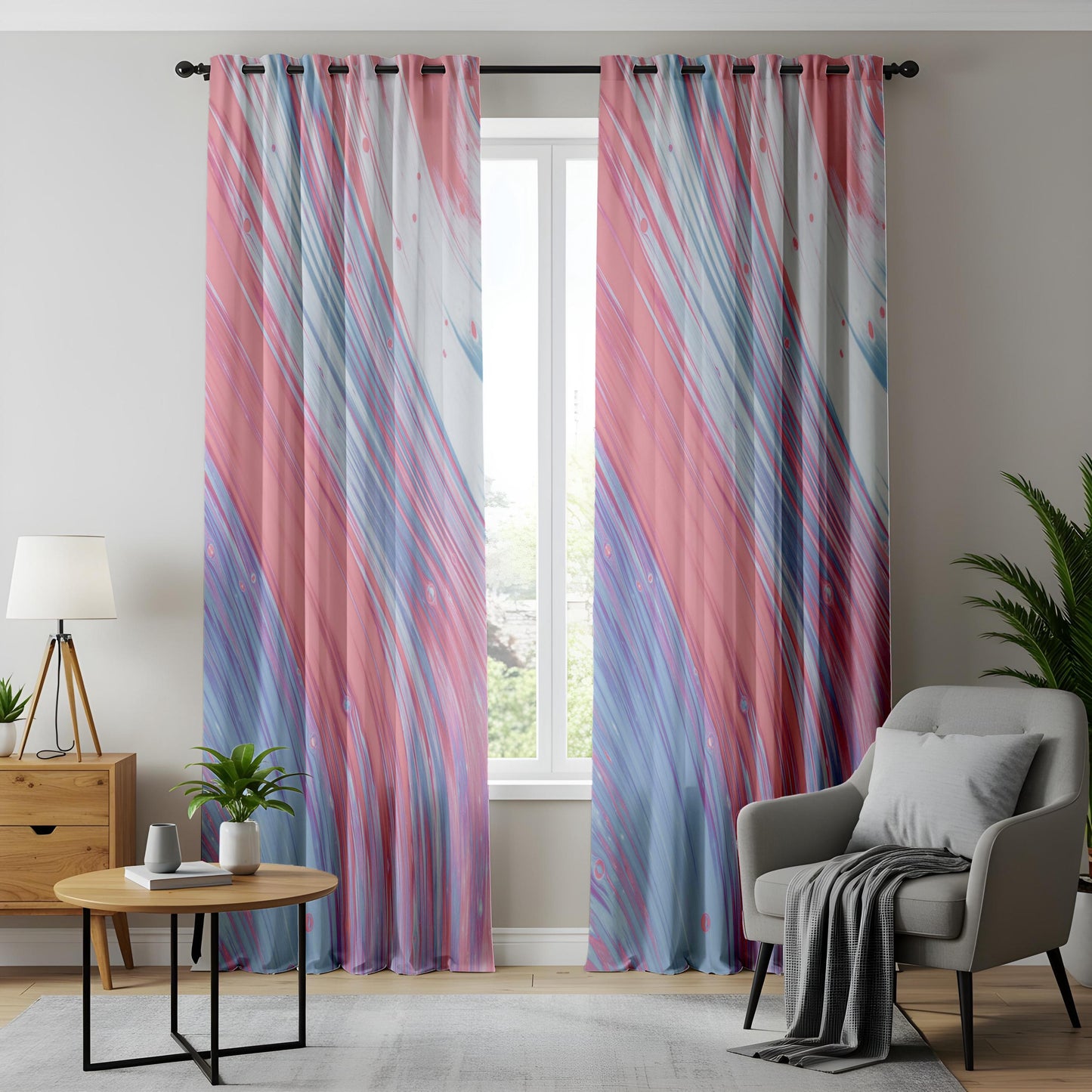 Pastel Abstract Curtains for Living Room, Pink Blue Swirl Window Drapes