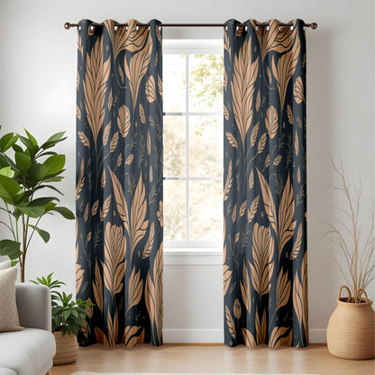 Dark Floral Curtains for Living Room, Golden Leaf Pattern Drapes