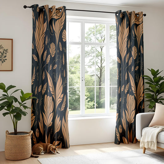 Dark Floral Curtains for Living Room, Golden Leaf Pattern Drapes
