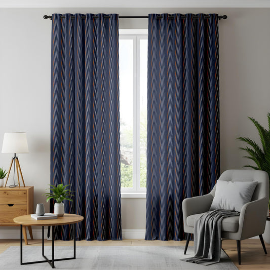 Modern Chevron Curtains, Navy Blue Geometric Drapes for Living Room