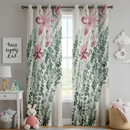 Floral Fern Kitchen Curtains, Pink Blossom Botanical Drapes