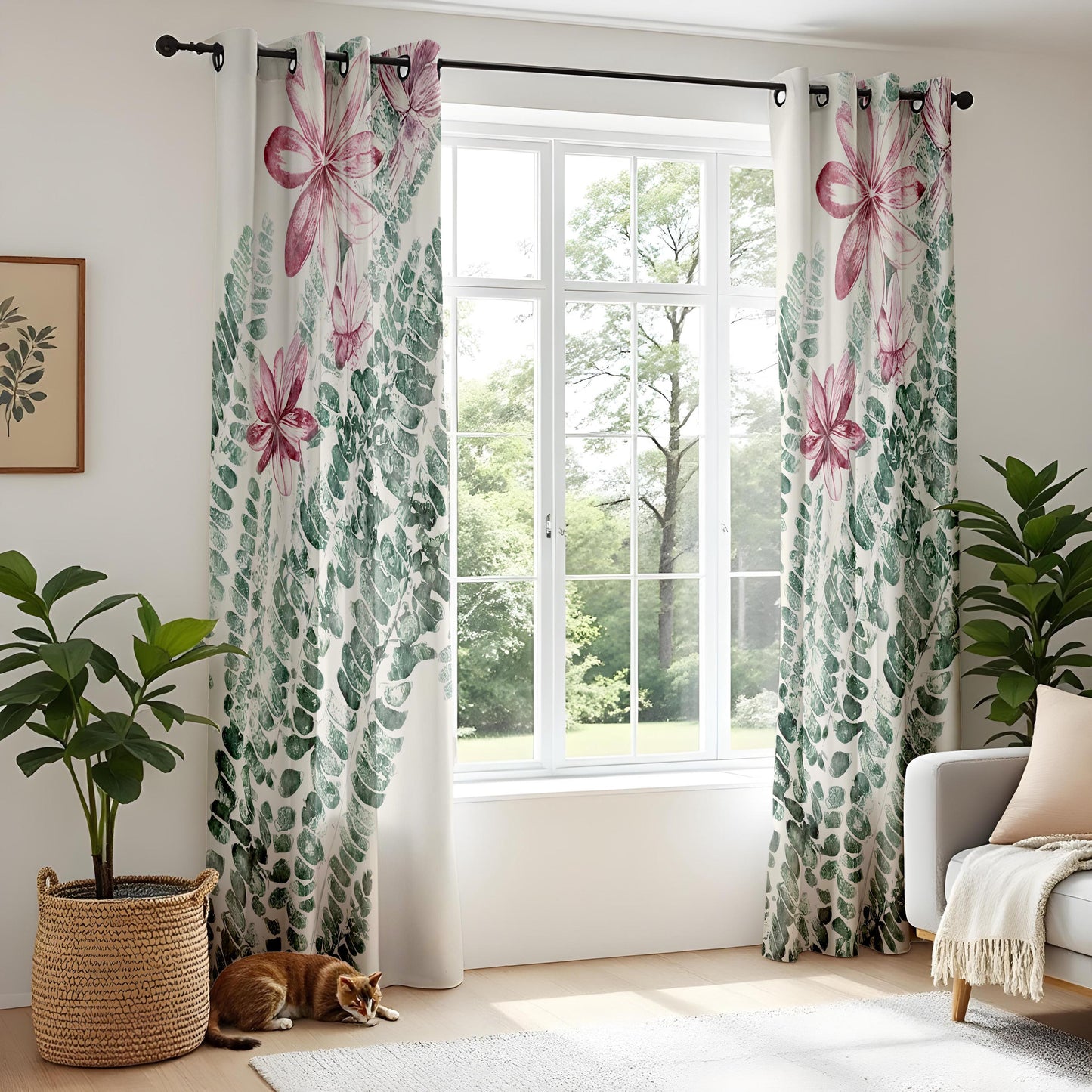Floral Fern Kitchen Curtains, Pink Blossom Botanical Drapes