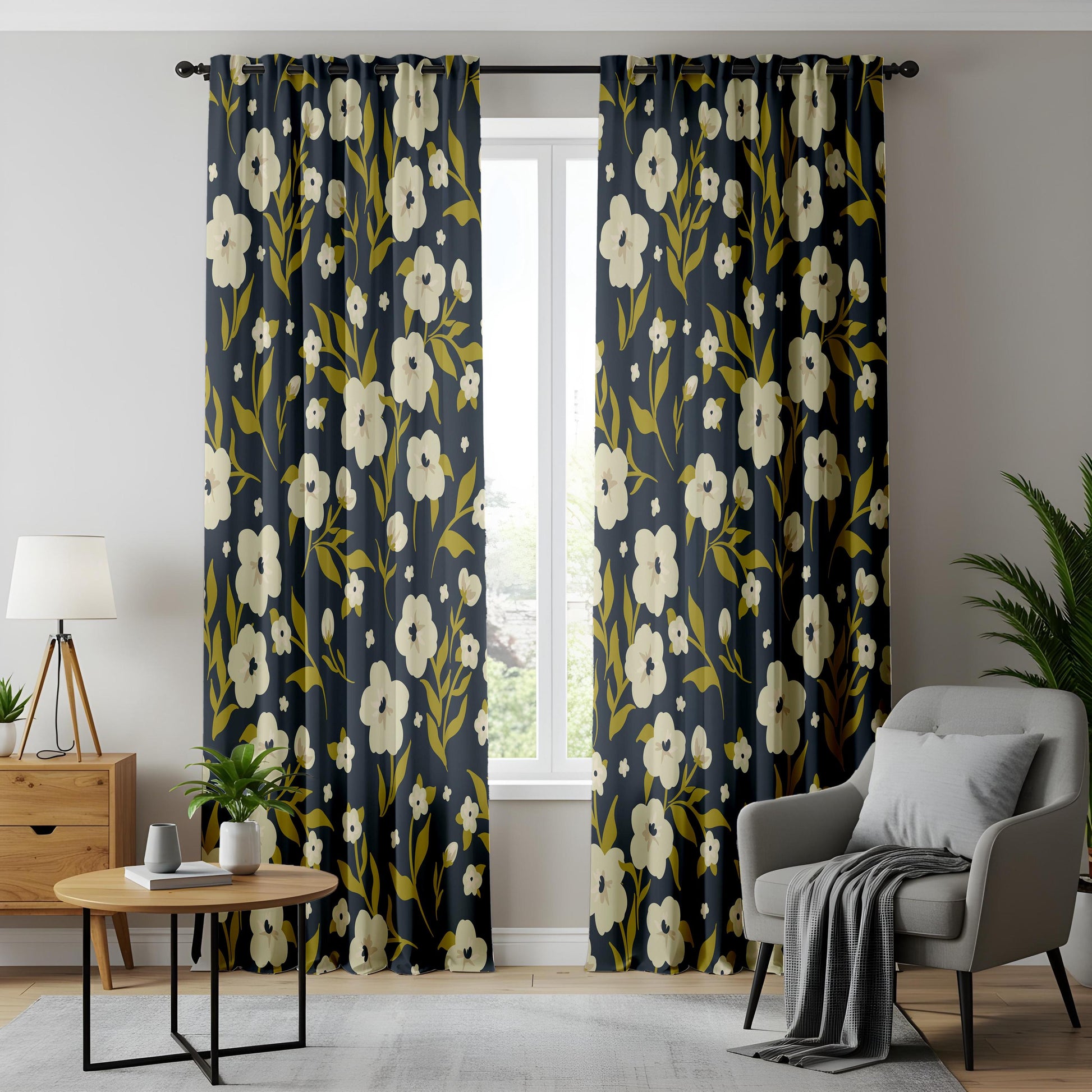 Onay Floral Window Curtains – White Flowers on Navy Blue Modern Drapes