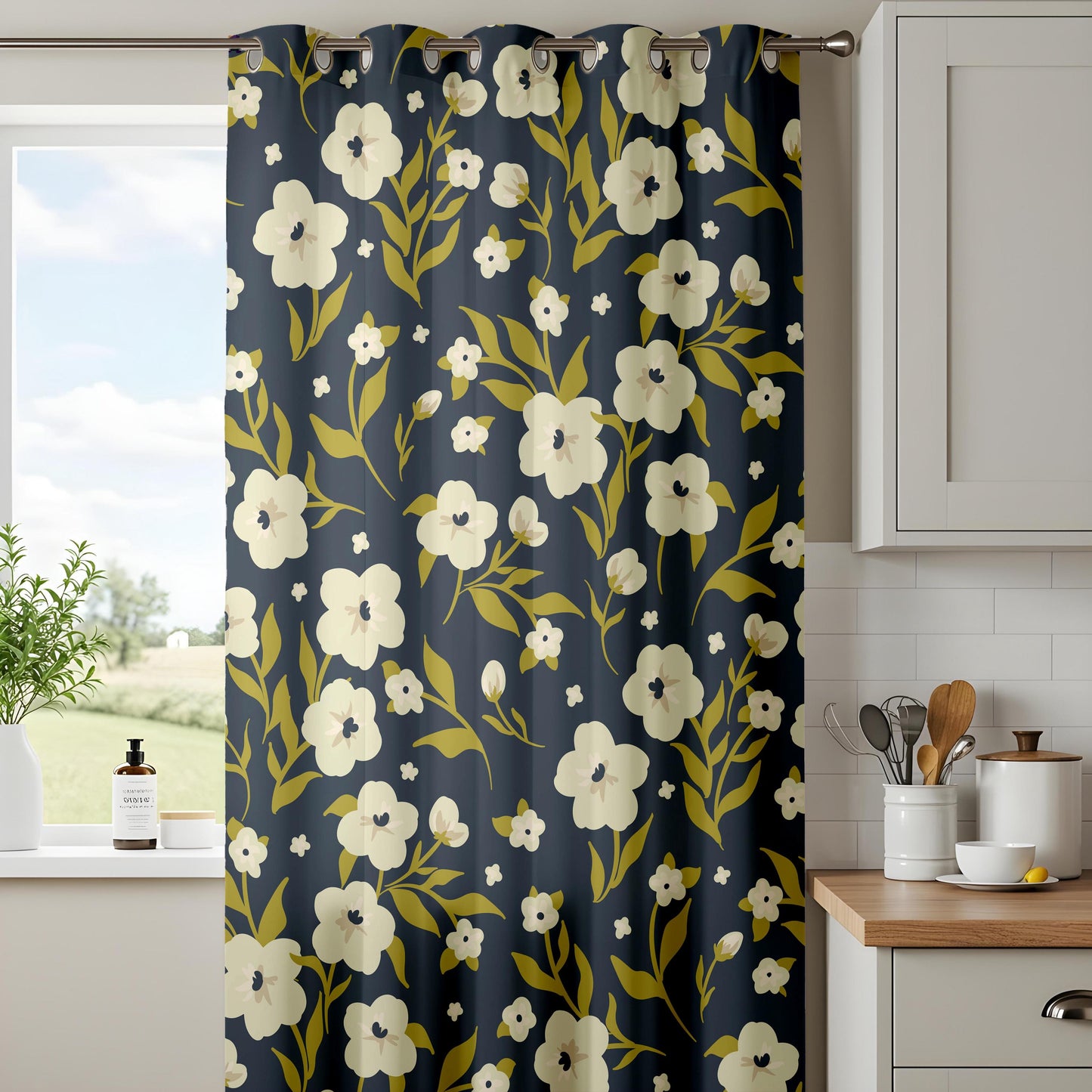 Onay Floral Window Curtains – White Flowers on Navy Blue Modern Drapes