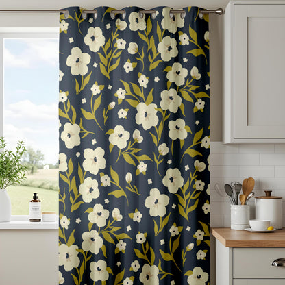 Onay Floral Window Curtains – White Flowers on Navy Blue Modern Drapes