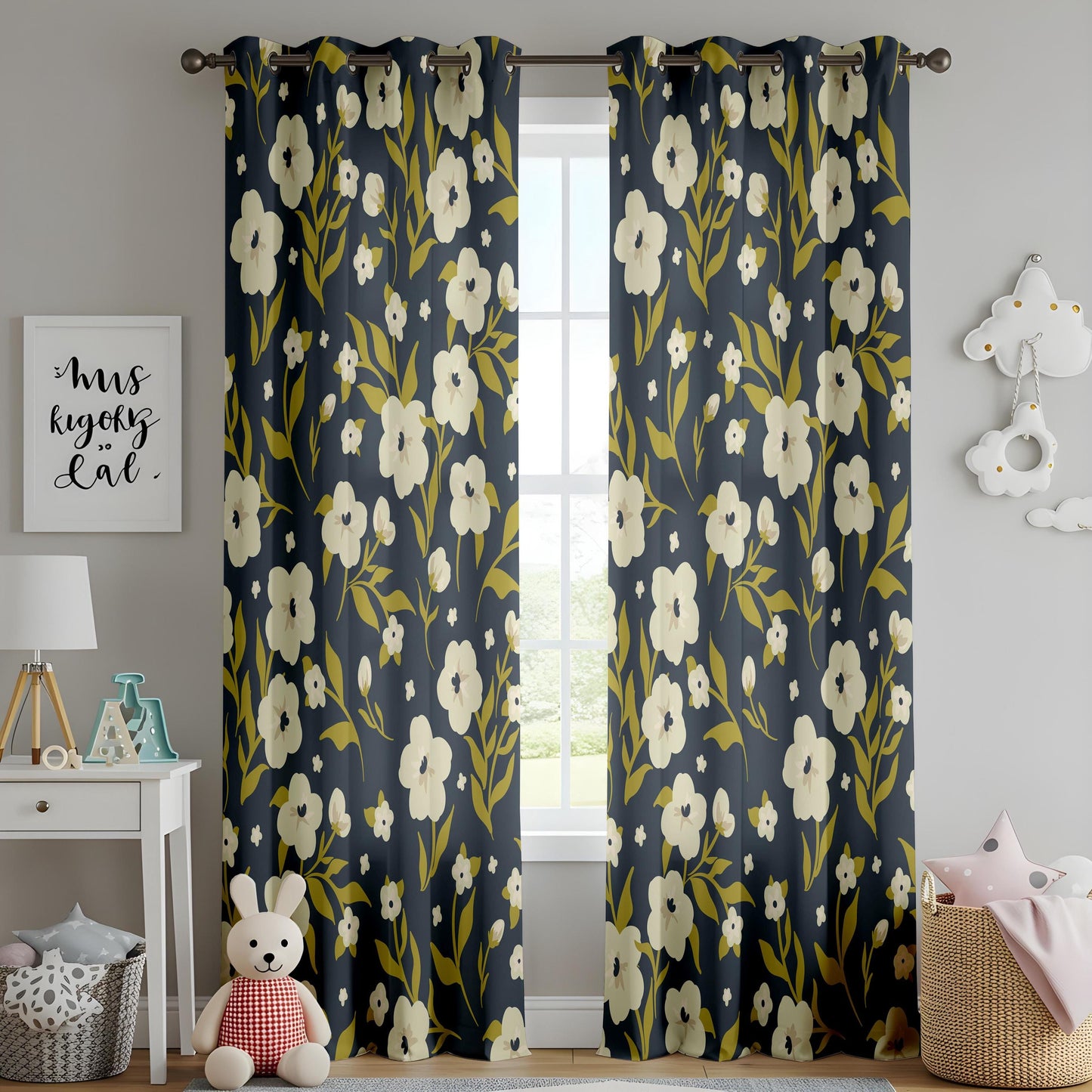 Onay Floral Window Curtains – White Flowers on Navy Blue Modern Drapes