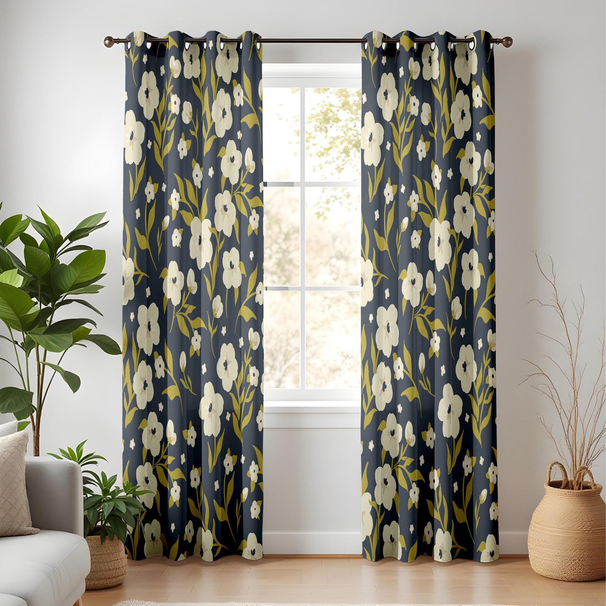 Onay Floral Window Curtains – White Flowers on Navy Blue Modern Drapes