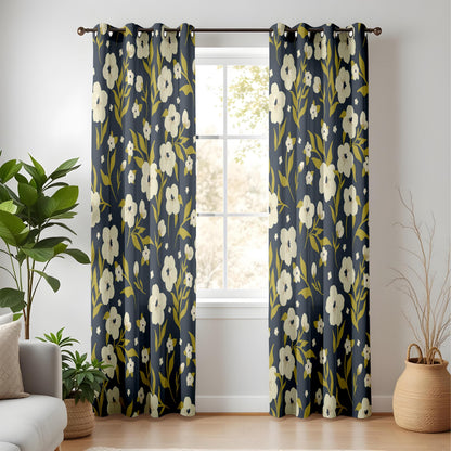 Onay Floral Window Curtains – White Flowers on Navy Blue Modern Drapes