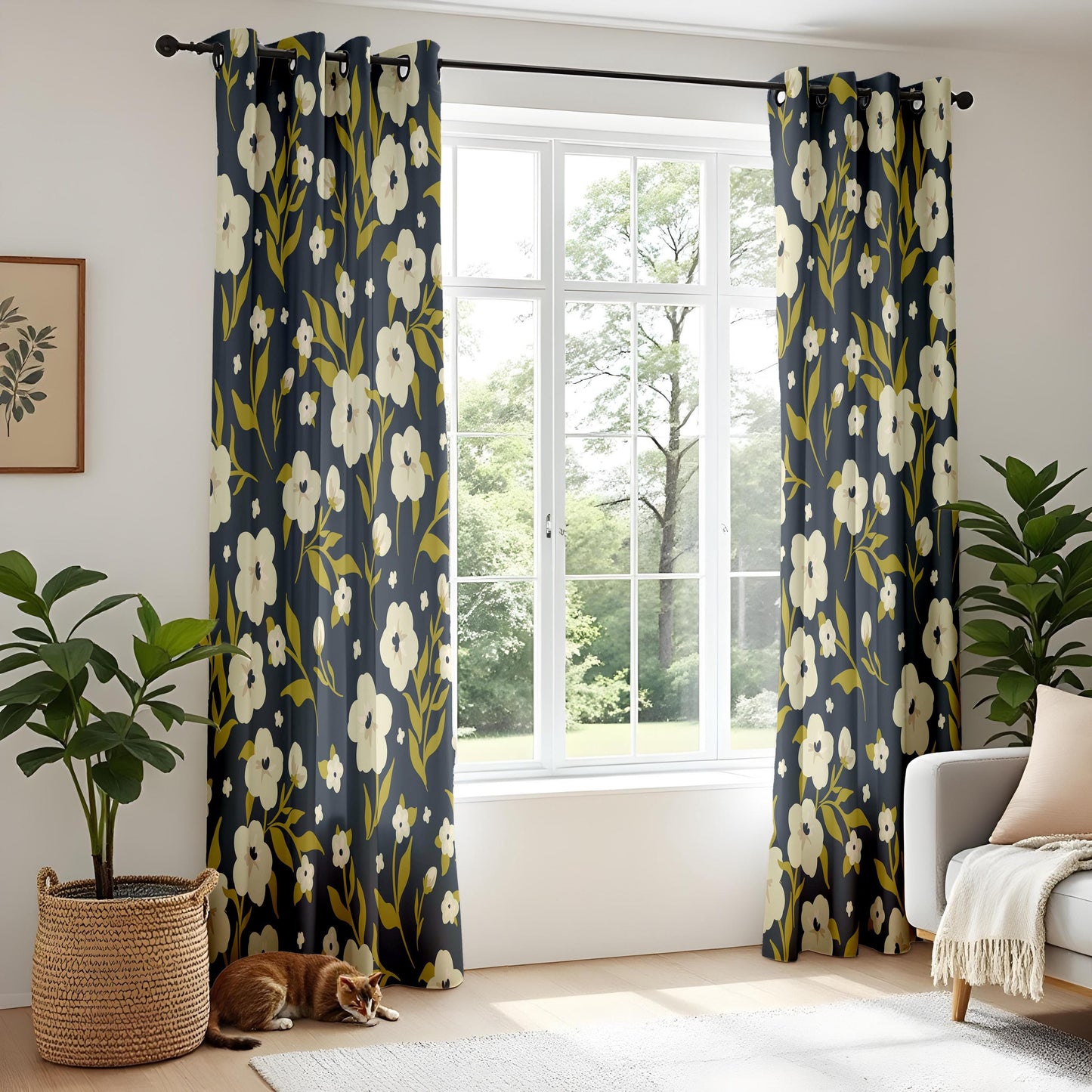 Onay Floral Window Curtains – White Flowers on Navy Blue Modern Drapes