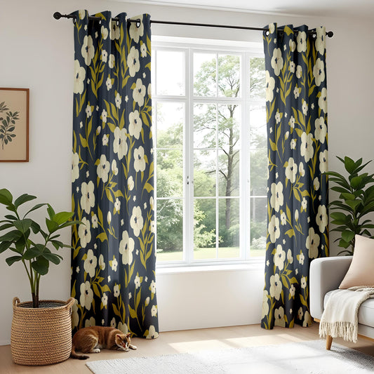 Onay Floral Window Curtains – White Flowers on Navy Blue Modern Drapes