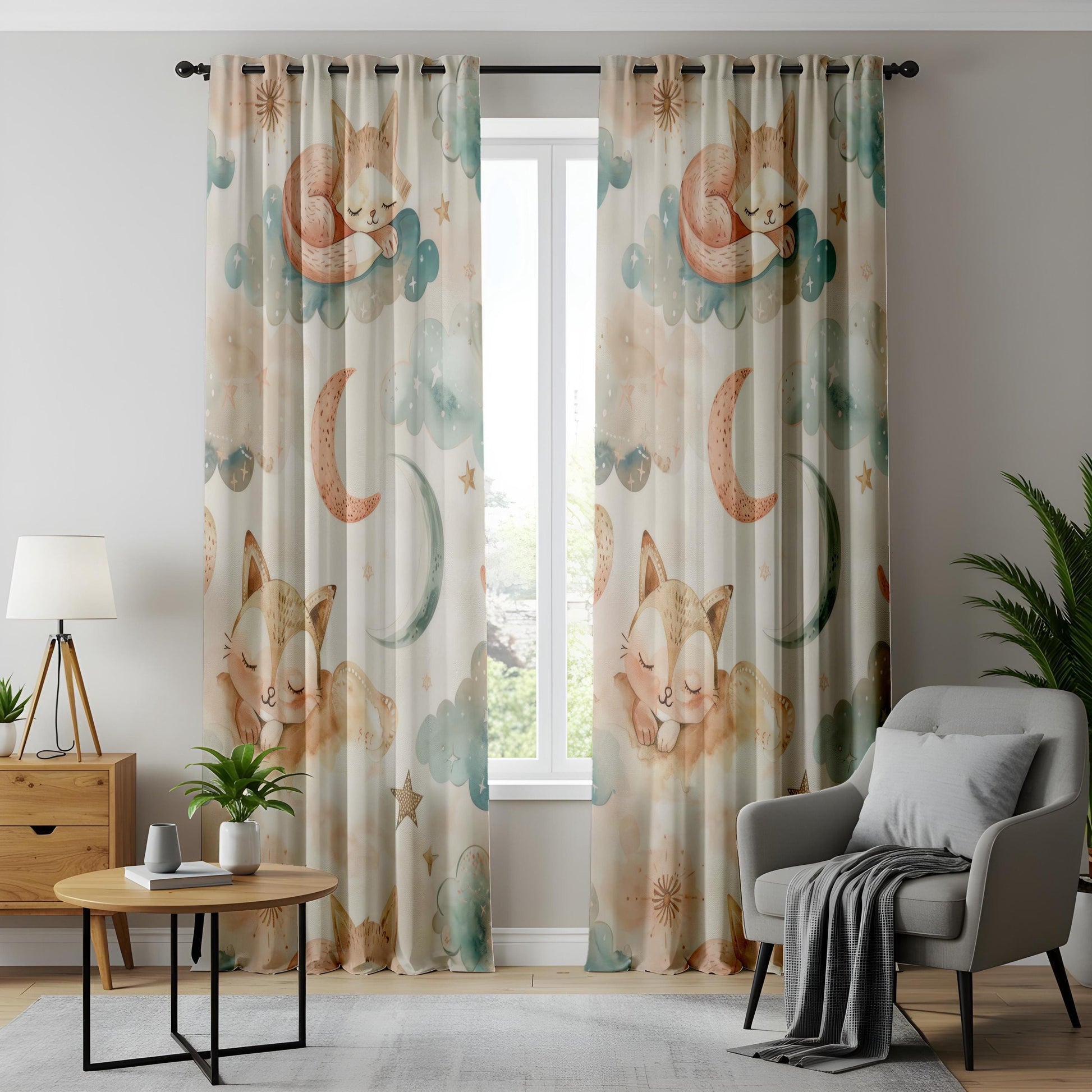 Onay Sleeping Fox Nursery Curtains – Pastel Moon Cloud Print