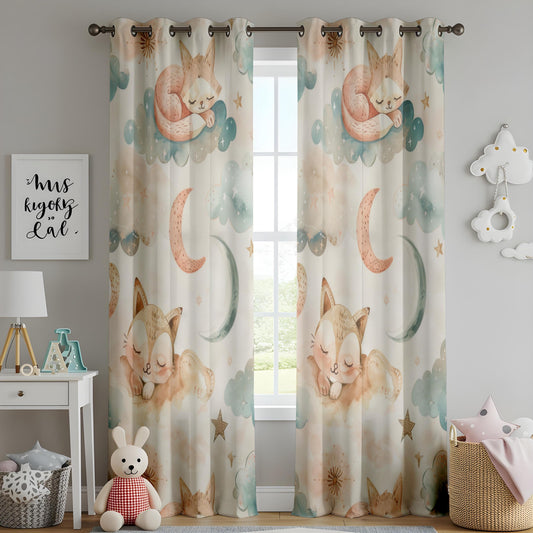 Onay Sleeping Fox Nursery Curtains – Pastel Moon Cloud Print