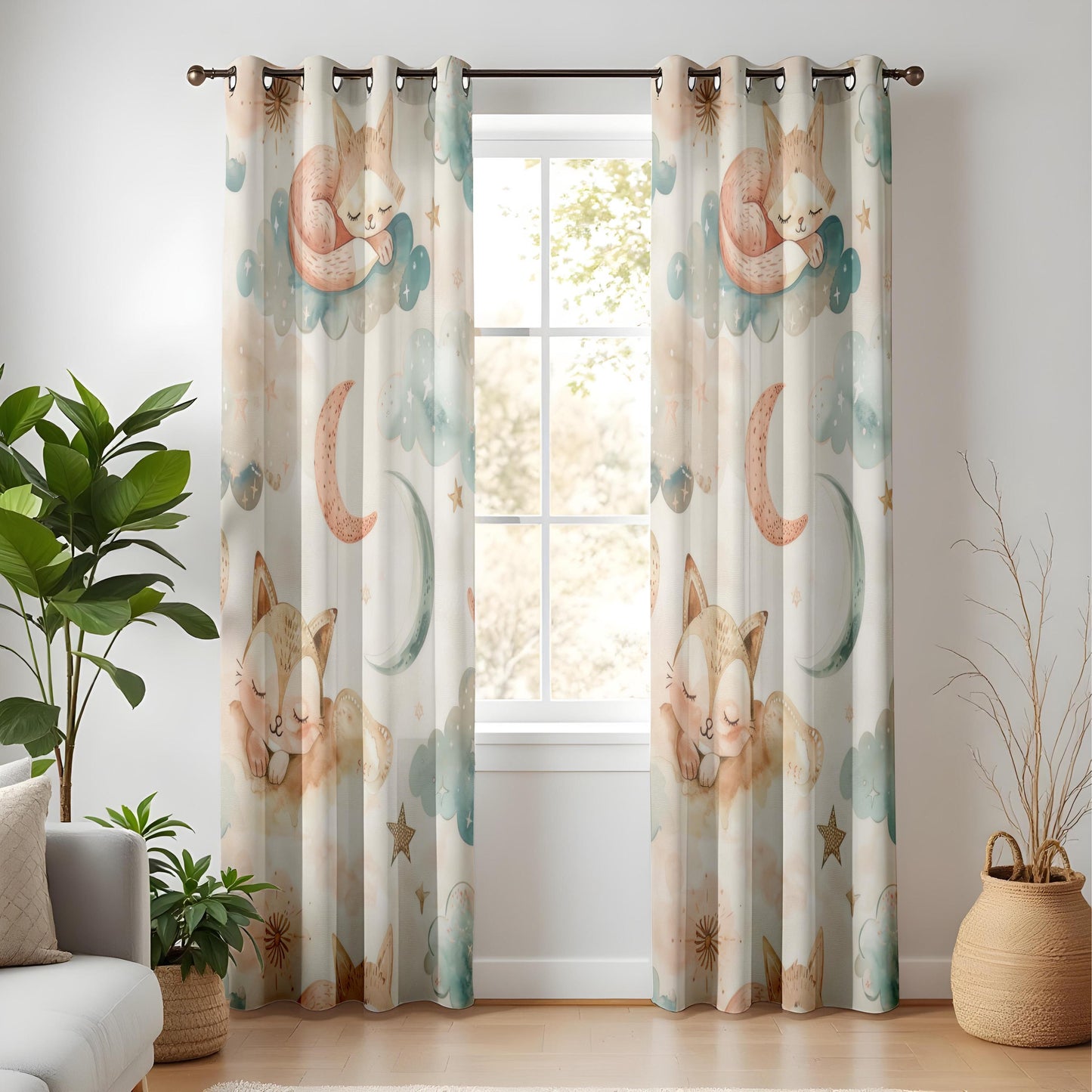 Onay Sleeping Fox Nursery Curtains – Pastel Moon Cloud Print