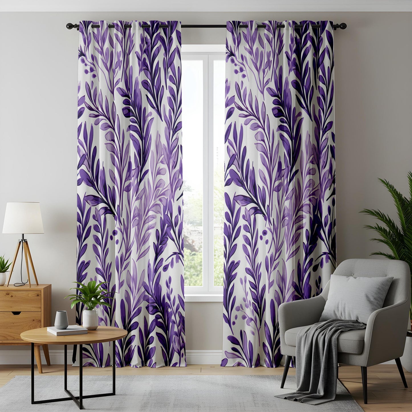 Elegant Purple Floral Curtains for Living Room, Abstract Purple Curtains