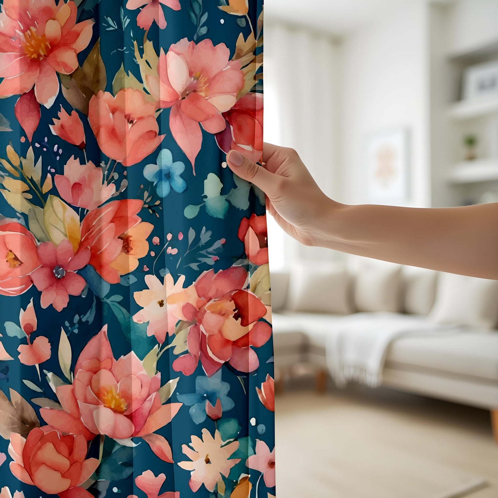 Onay Floral Print Curtains – Red Pink Orange Blossom Panels