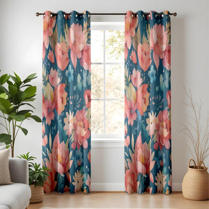 Onay Floral Print Curtains – Red Pink Orange Blossom Panels