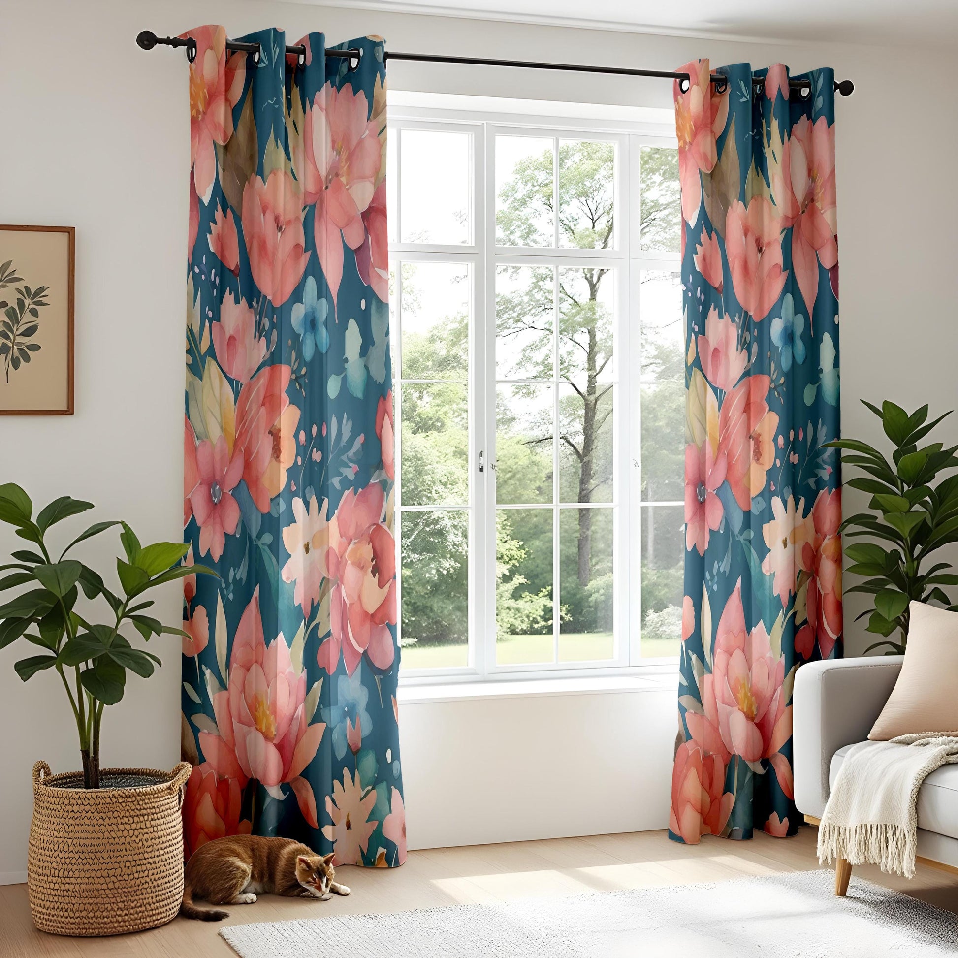 Onay Floral Print Curtains – Red Pink Orange Blossom Panels