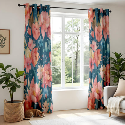 Onay Floral Print Curtains – Red Pink Orange Blossom Panels