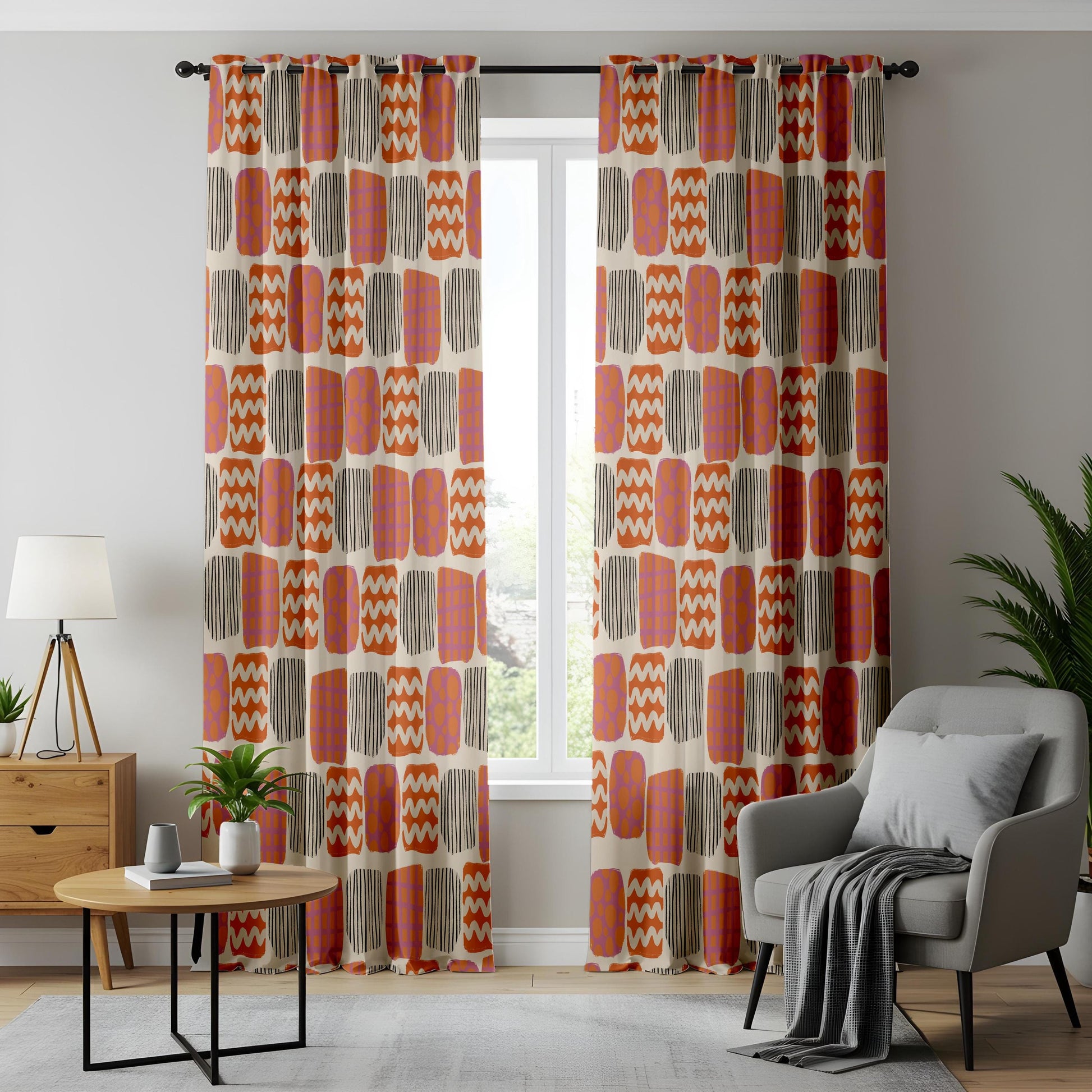 Onay Retro Geometric Curtains – Orange Purple Abstract Print Drapes