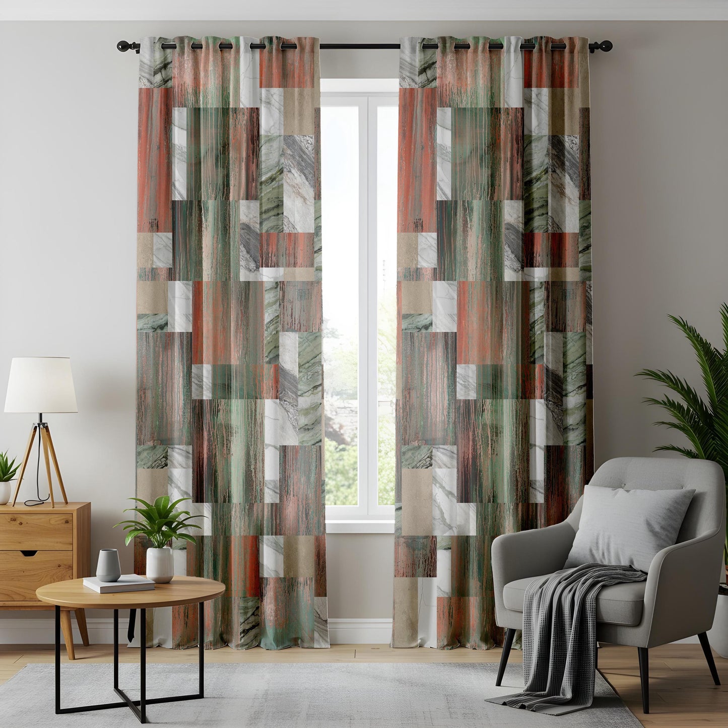 Onay Abstract Marble Patchwork Curtains – Green