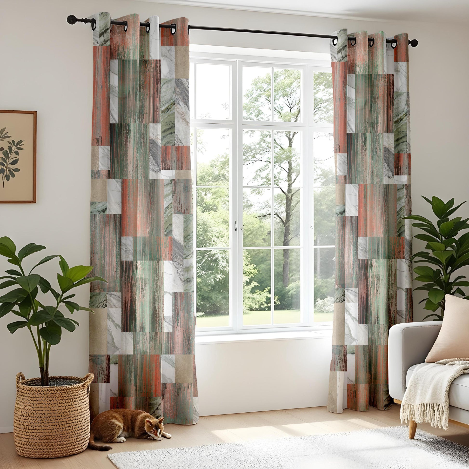 Onay Abstract Marble Patchwork Curtains – Green