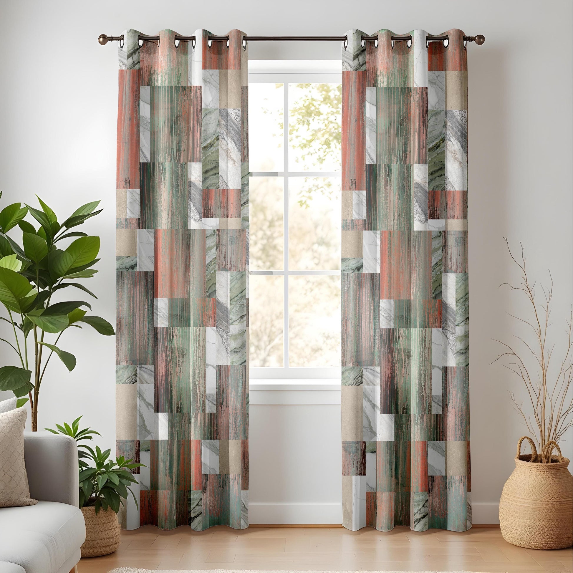 Onay Abstract Marble Patchwork Curtains – Green