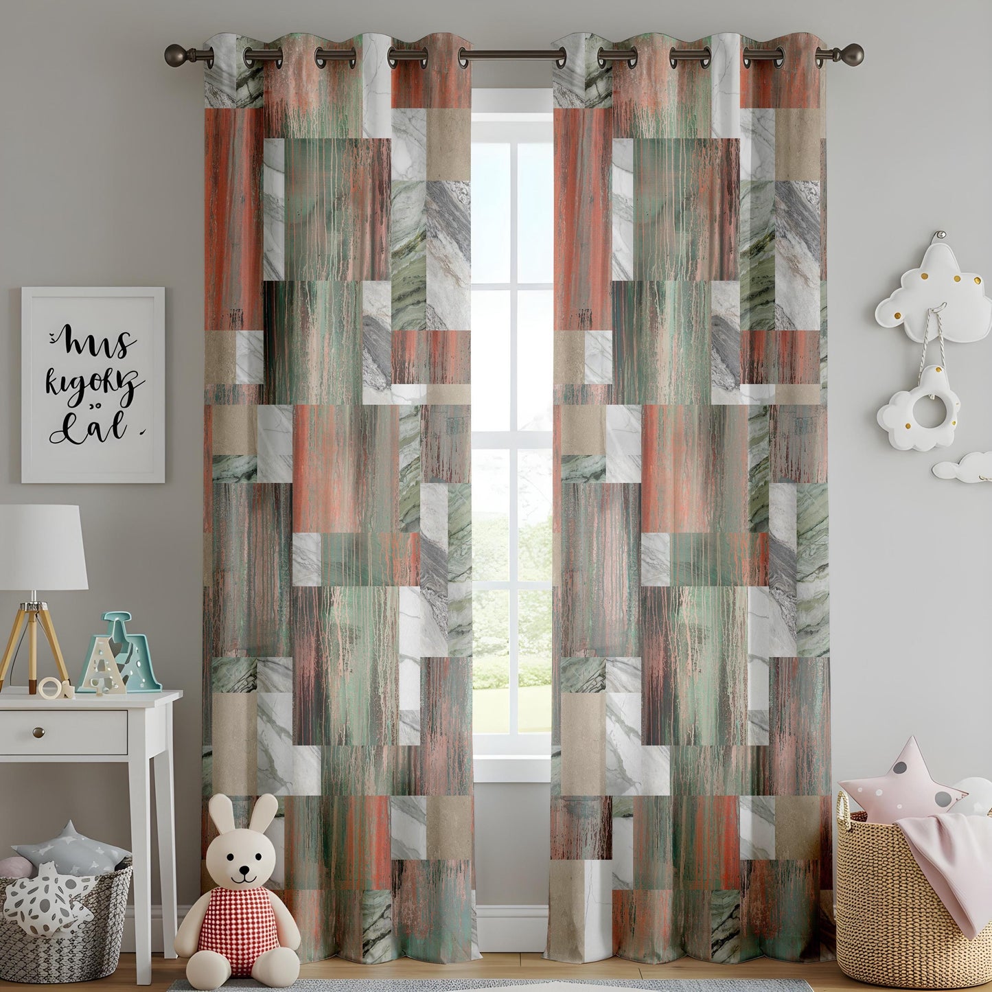 Onay Abstract Marble Patchwork Curtains – Green