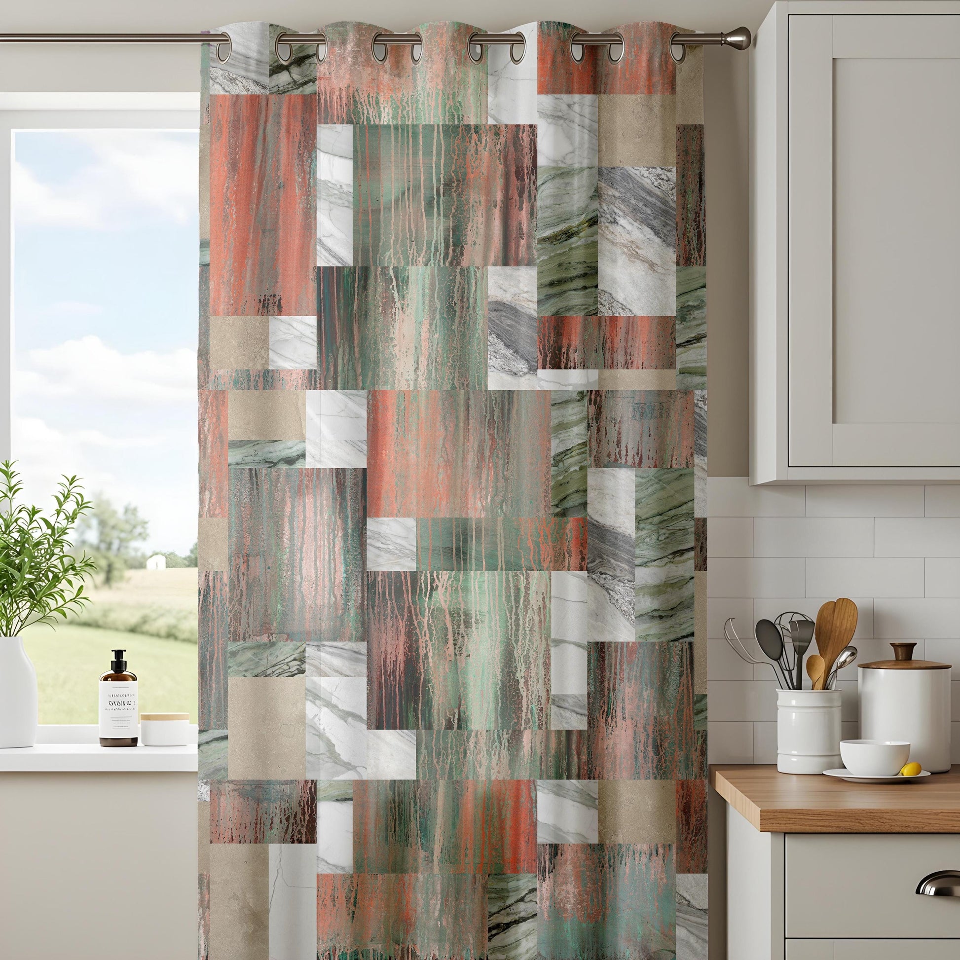 Onay Abstract Marble Patchwork Curtains – Green