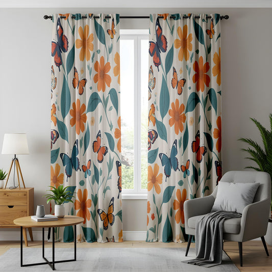 Onay Floral Butterfly Window Curtains – Orange Wildflower Drapes