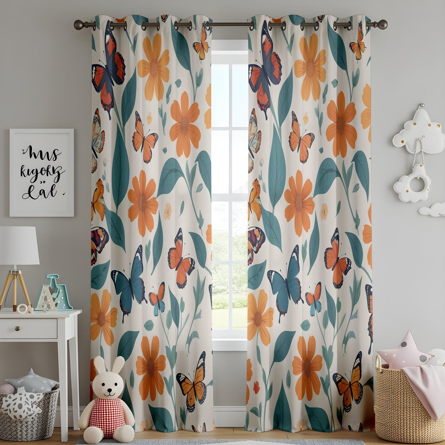 Onay Floral Butterfly Window Curtains – Orange Wildflower Drapes