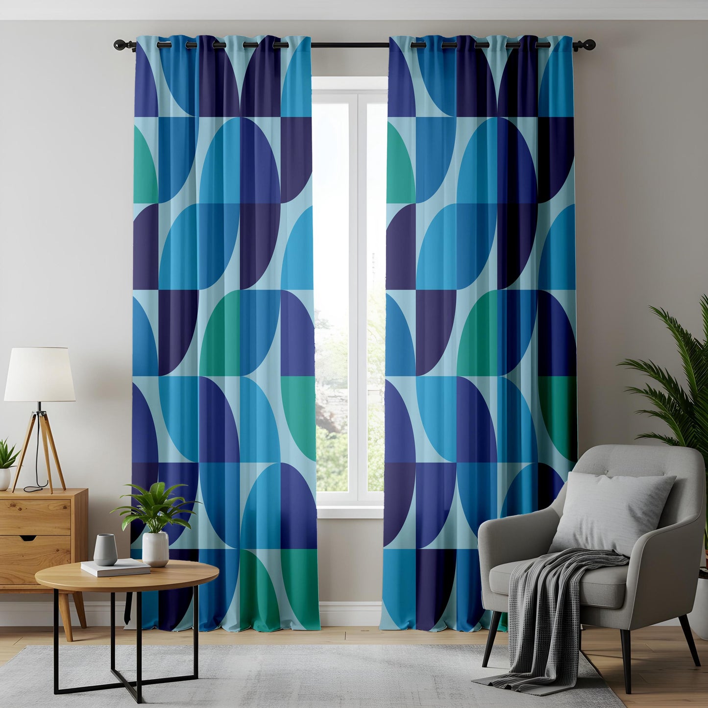 Onay Blue Geometric Abstract Curtains – Mid-Century Modern Style