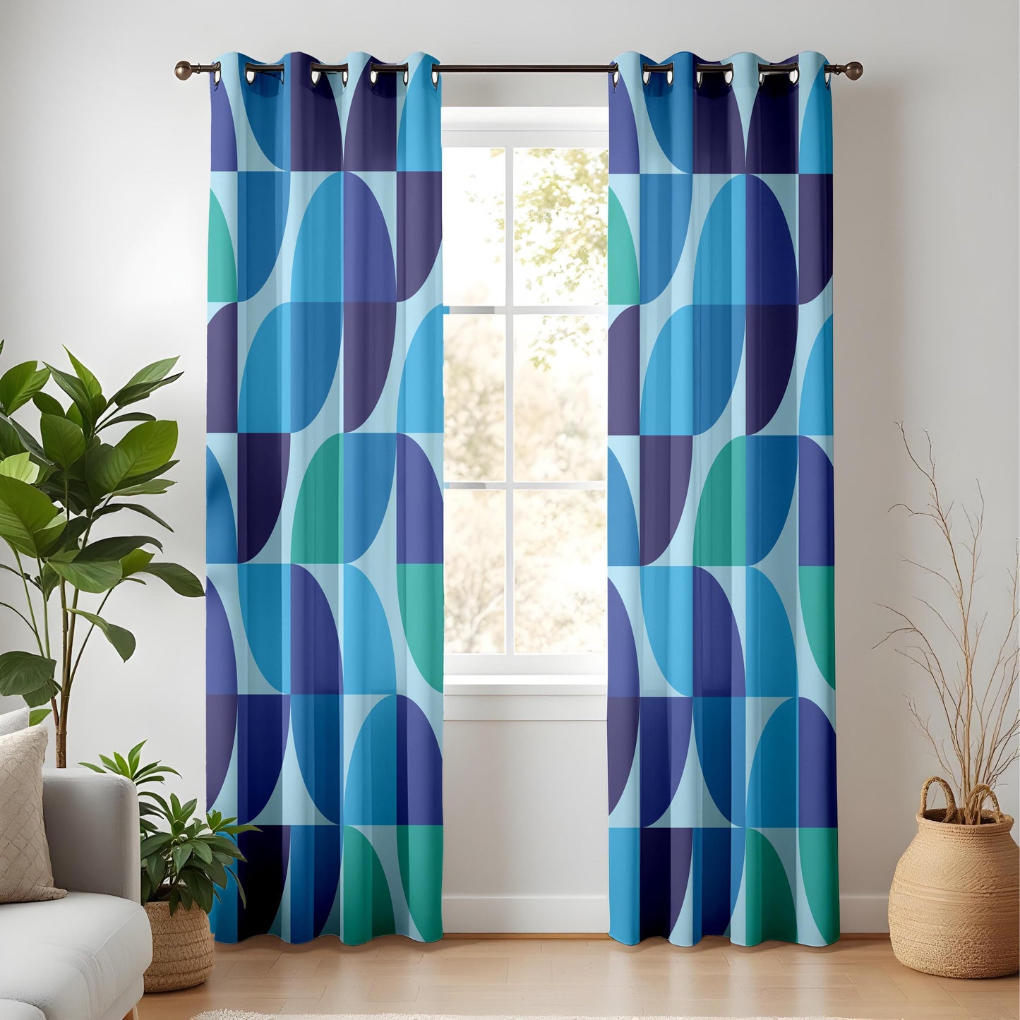 Onay Blue Geometric Abstract Curtains – Mid-Century Modern Style