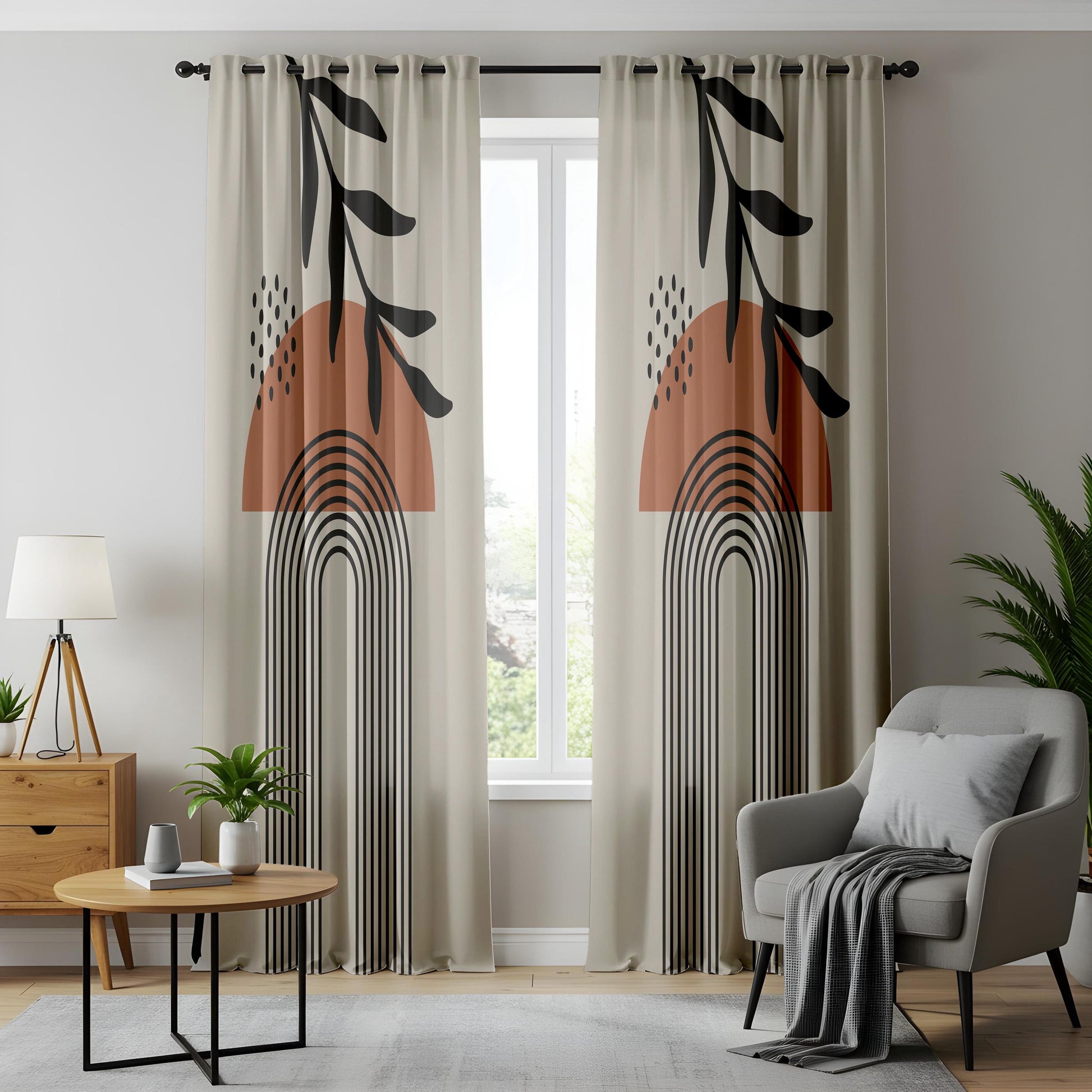 Onay Abstract Boho Leaf Curtains – Geometric Line Art Drapes