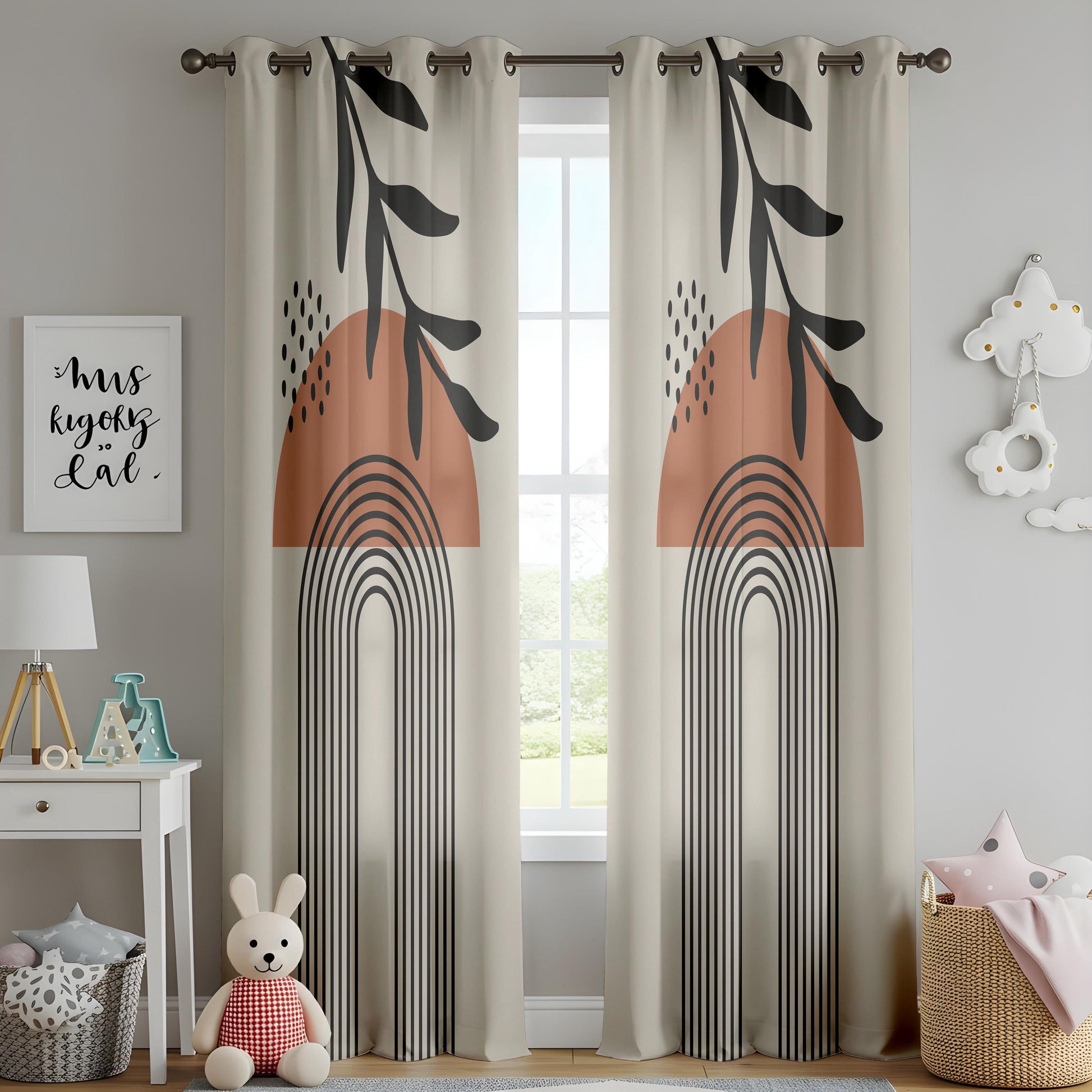 Onay Abstract Boho Leaf Curtains – Geometric Line Art Drapes