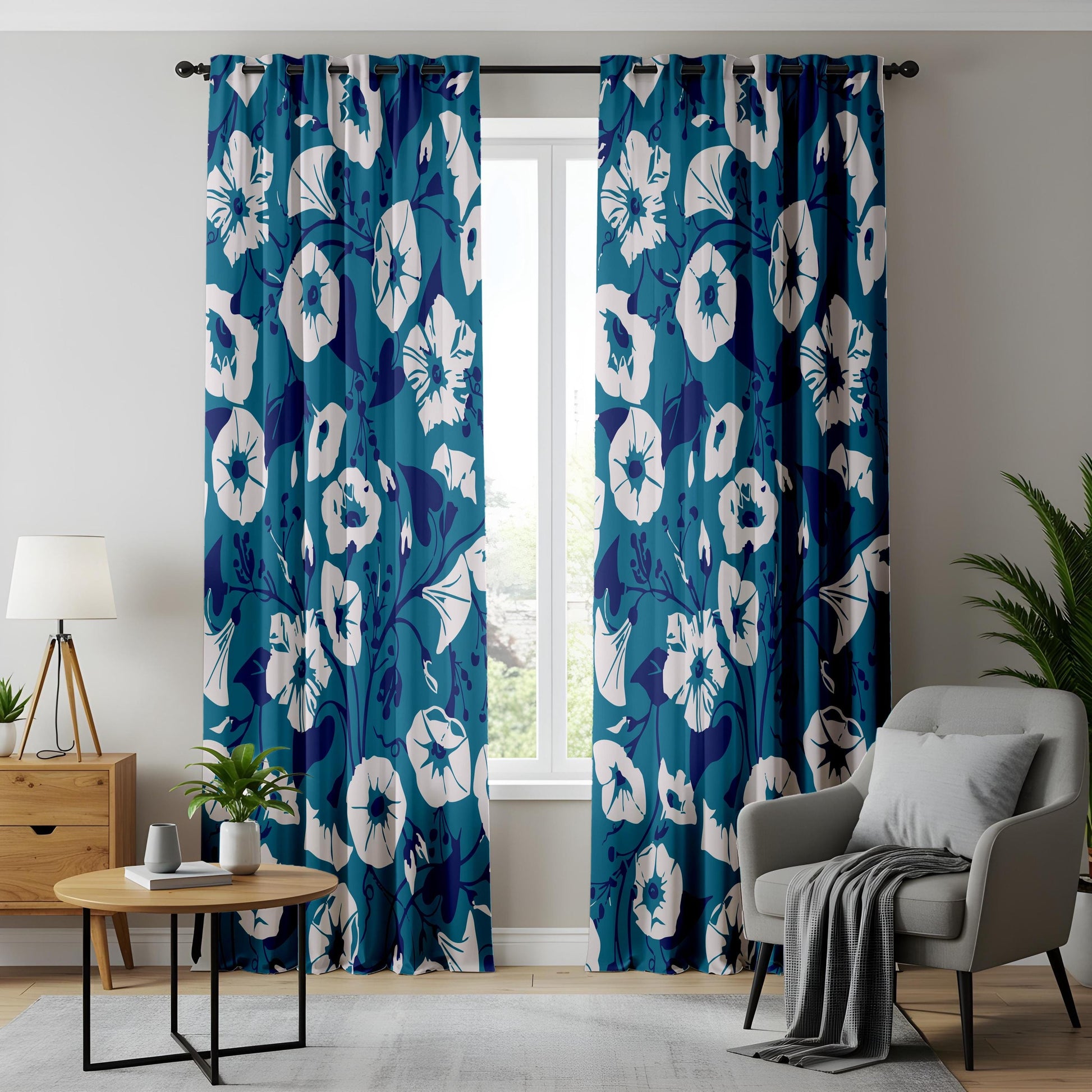Onay Large Blue Floral Curtains – Modern Botanical Drapes