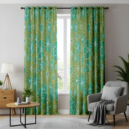 Onay Retro Green Floral Curtains – Olive White Botanical Living Room Drapes