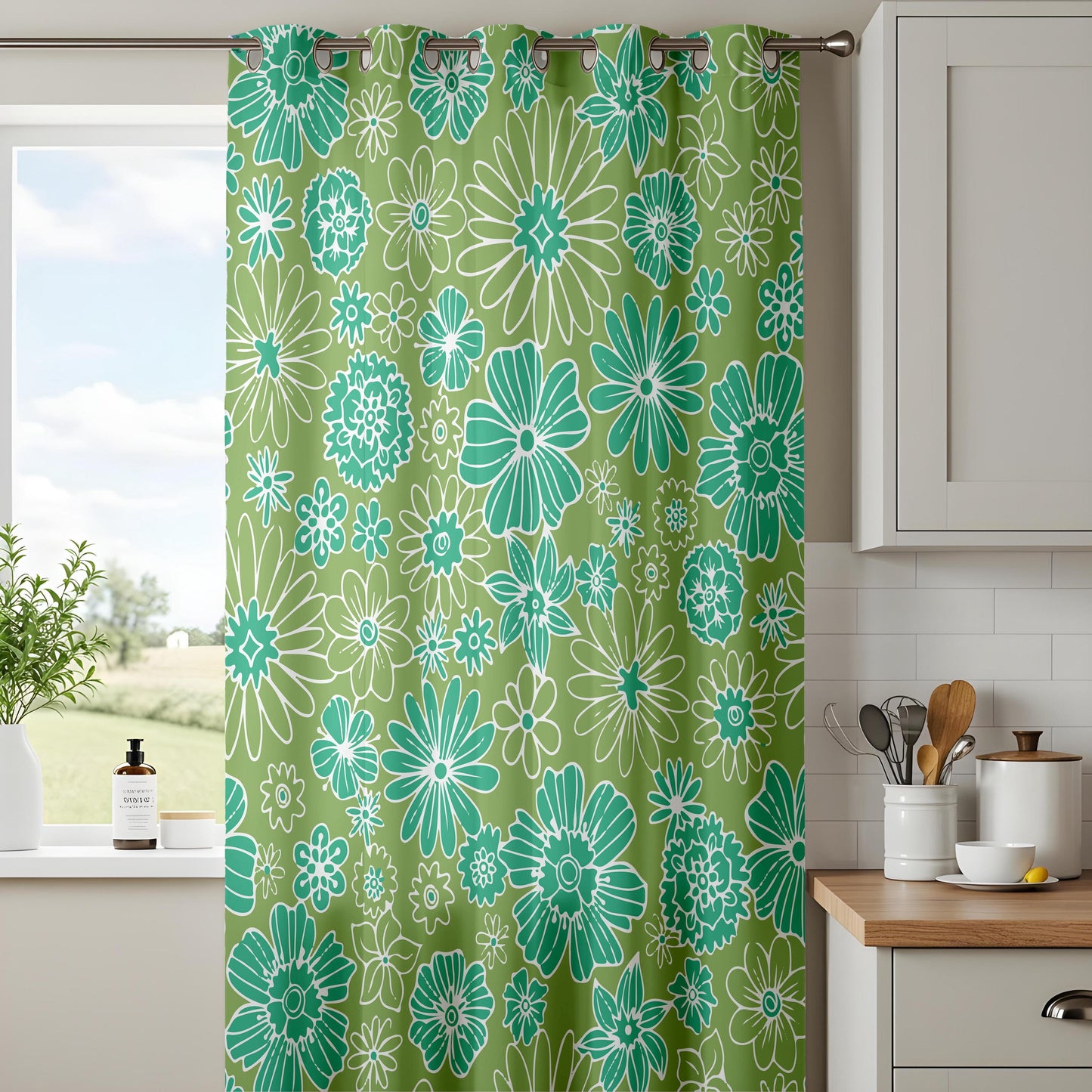 Onay Retro Green Floral Curtains – Olive White Botanical Living Room Drapes