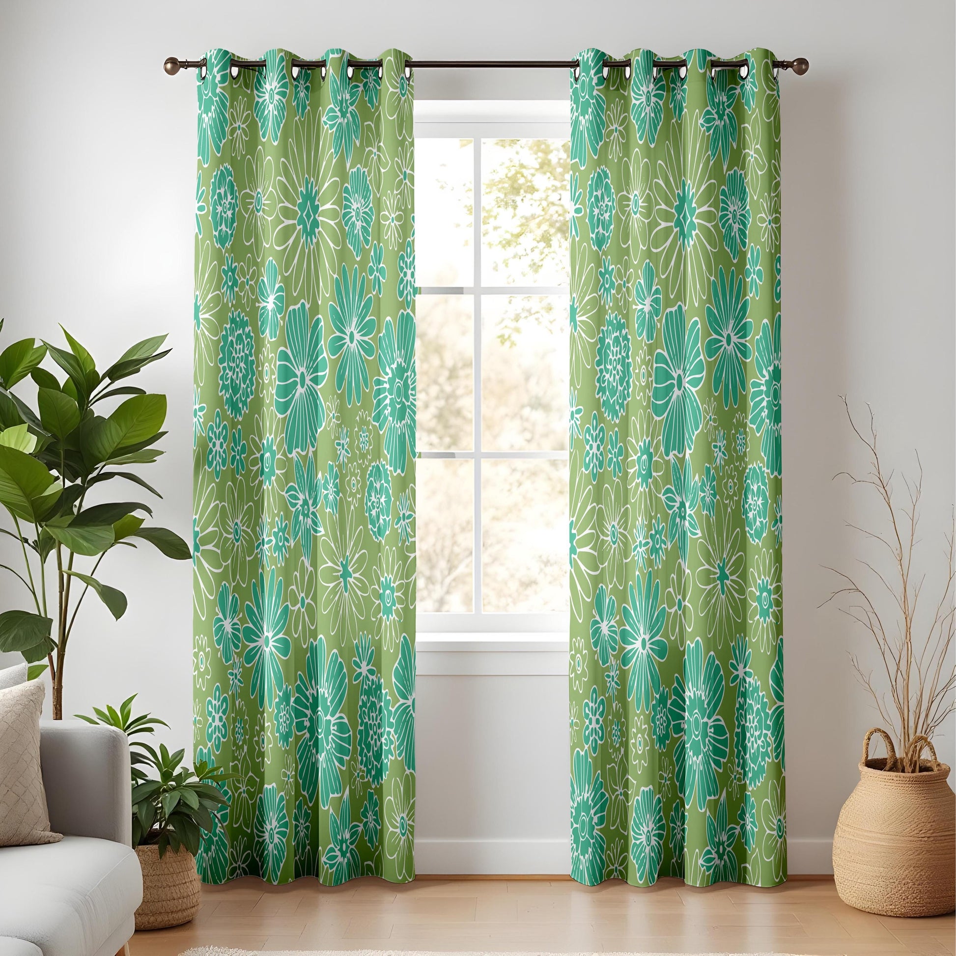 Onay Retro Green Floral Curtains – Olive White Botanical Living Room Drapes