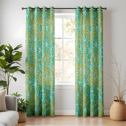 Onay Retro Green Floral Curtains – Olive White Botanical Living Room Drapes