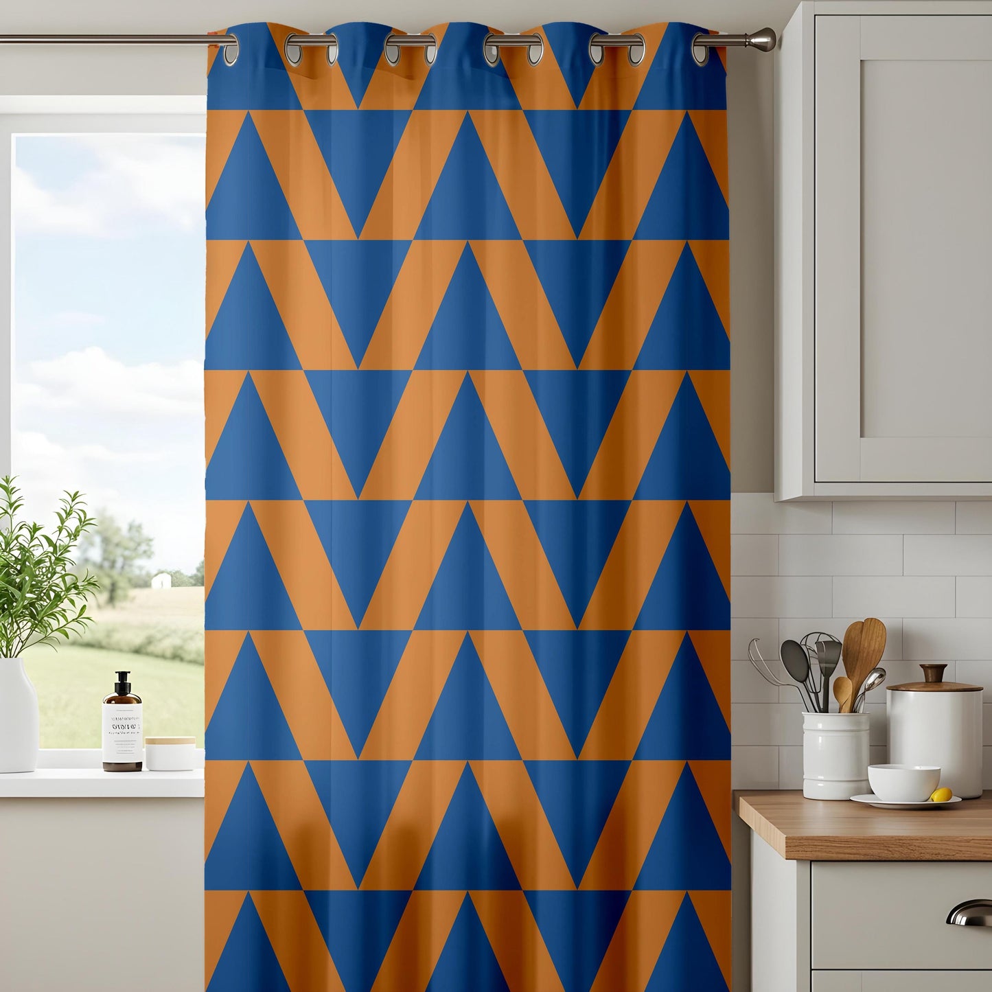 Onay Mustard Blue Triangles Mid Century Modern Curtains